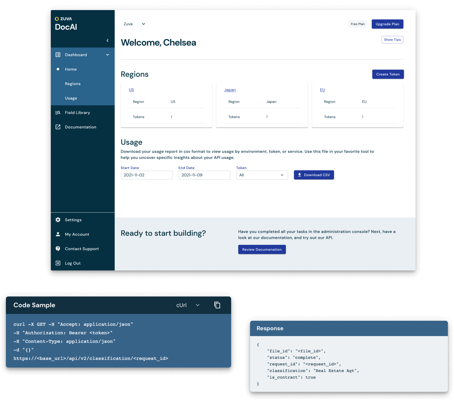 DocAI Console and a sample request and response
