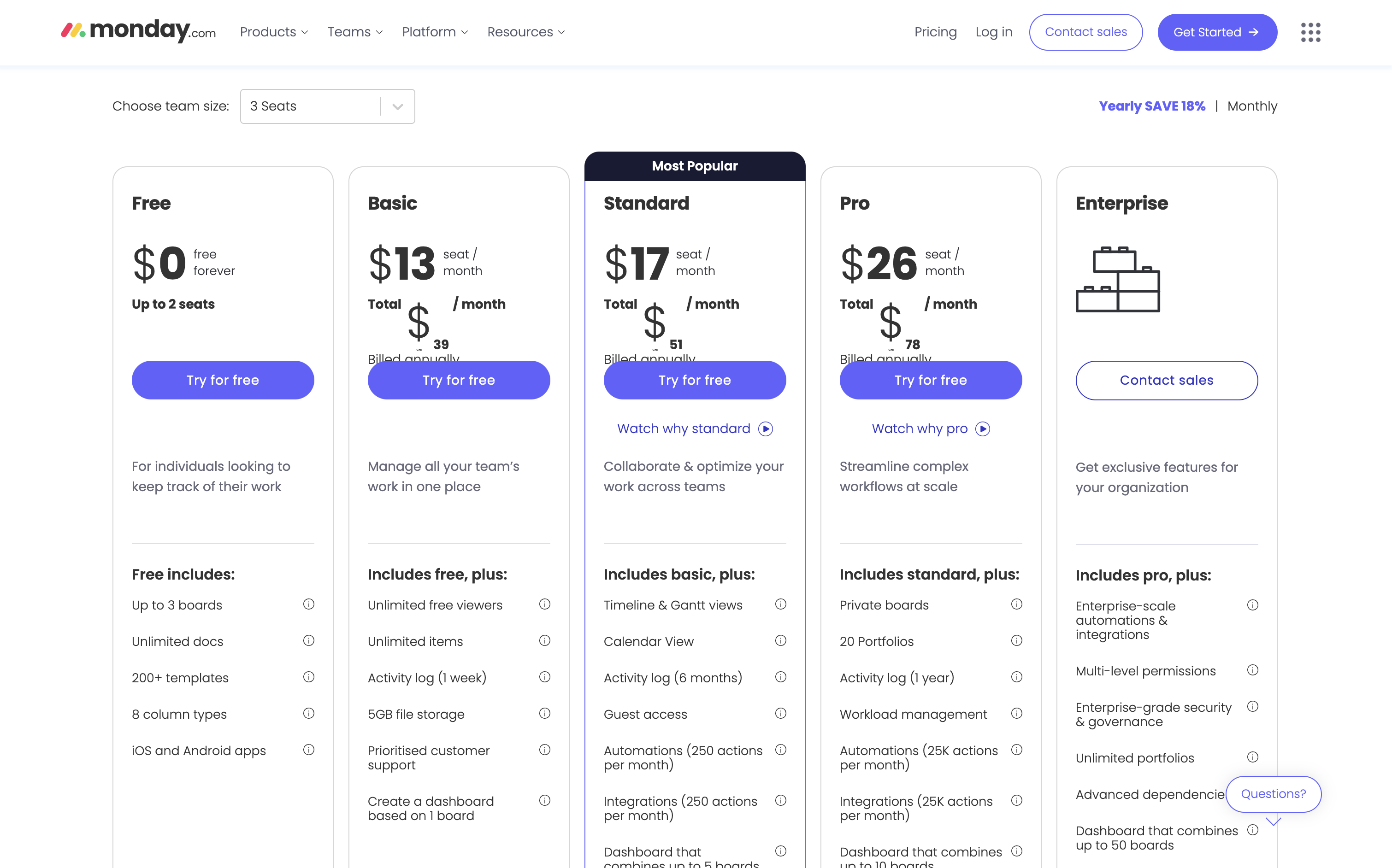 Screenshot of the pricing page on Monday's website